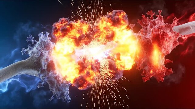 Visual representation of a vibrant energy clash between blue and red particles, symbolizing conflict and transformation