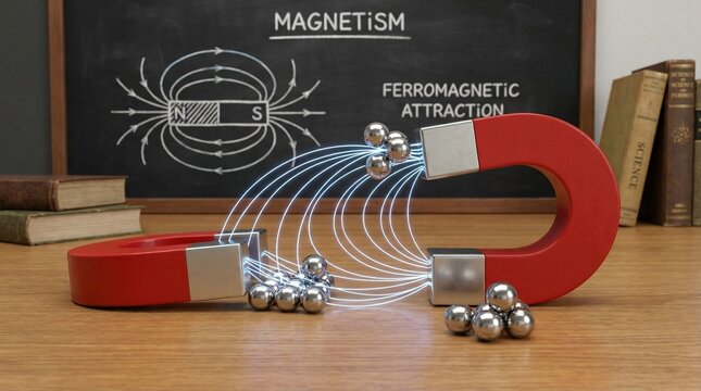 Red horseshoe magnet with metallic spheres attached to poles, magnetic field lines illustrated, iron filings aligned on surface, open book background, educational composition symbolizing ferromagnetic