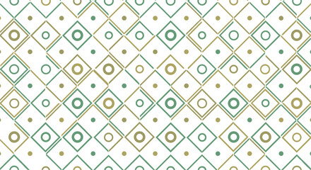 Flat vector illustration of geometric diamond pattern with green and gold symmetry, decorative circles, textile design, wallpaper, abstract background