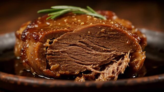 Tender slow-cooked braised beef roast or pulled pork shoulder, glossy with rich brown sauce and garnished with fresh rosemary. Delicious comfort food close-up.