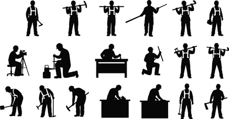 Construction worker silhouettes in overalls hard hat, builder laborer carrying carrying tools hammer pickaxe shovel on shoulder kneeling working poses © Kalpana