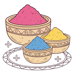 Three decorated clay bowls filled with vibrant, powdered pigments typically associated with the Hindu festival of Holi.