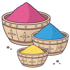 Three ornate bowls filled with vibrant powders: pink in the largest bowl, blue in the medium one, and yellow in the smallest. The bowls are decorated with star-like.