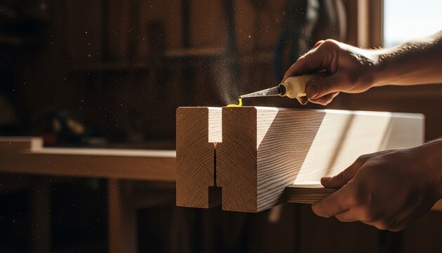 Professional carpenter aligning dovetail joint on oak beam in sunlit workshop with precision and glue detail