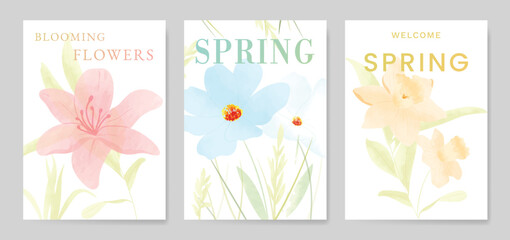 Naklejka premium watercolor Spring Floral invitation card vector. Hand drawn botanical flowers template background. Design illustration for wedding, vip cover, poster, rsvp modern card, birthday party.