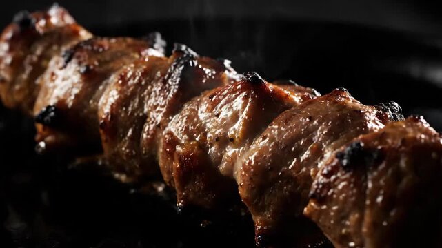 Appetizing close-up of juicy meat skewers grilling and sizzling on a hot plate. Delicious caramelized shish kebab or yakitori steaming with high contrast lighting on a dark background.