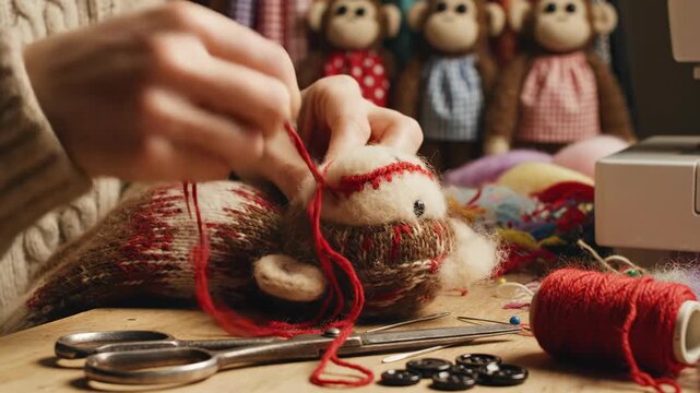 Close up of hands sewing a stuffed toy with red thread and scissors.