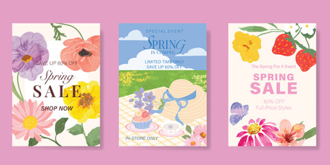 Naklejka premium watercolor Spring Floral invitation card vector. Hand drawn botanical flowers template background. Design illustration for wedding, vip cover, poster, rsvp modern card, birthday party.