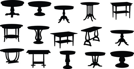 Set of antique wooden table silhouettes including pedestal dining tables coffee stands and console furniture isolated on white background vector © NASRIN