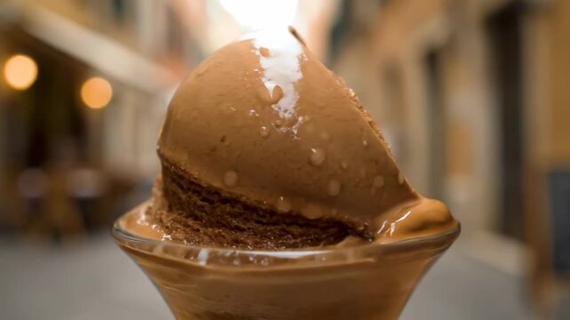 Decadent chocolate gelato melting slowly in a glass cup, showing condensation droplets and creamy texture, set against a charming blurred European street background.