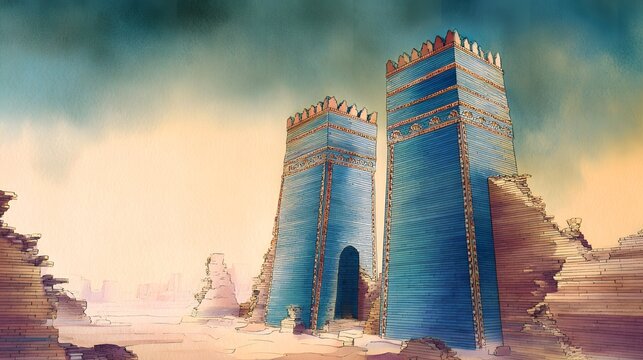 Ancient Babylon&rsquo;s Ishtar Gate a watercolor dream of desert sunset grandeur and timeless Mesopotamian beauty