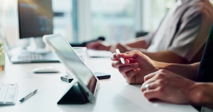 Hands, tablet or thinking with stylus in office for logo design idea, creative inspiration or planning. Graphic designer, person or thoughtful with app for campaign layout, brainstorming or coworking