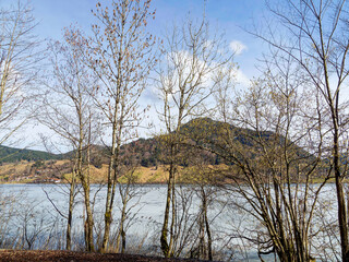 Obraz premium Bavarian Alps scenery. The western path, bordered by a hedge of trees, runs along the shores of the frozen Schliersee lake, facing the Hirschgröhrkopf mountain rising on the eastern shore. 