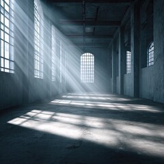 Empty concrete industrial interior with shafts of sunlight streaming through arched windows