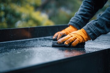 Close-up of gloved hands sanding a wet, dark surface outdoors in the rain