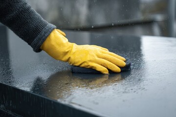 Person with yellow gloves cleans a wet, dark surface with a sponge outdoors
