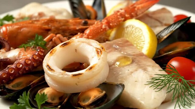 Close-up of a Gourmet Mixed Seafood Platter featuring Grilled Calamari, Octopus Tentacles, and Mussels, served with fresh Lemon and Herbs.