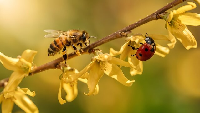 Primavera, risveglio della natura: ape e coccinella su di un ramo di forsizia fiorito