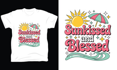 Fototapeta premium Sunkissed and blessed vector illustration with beach umbrella and sun for summer tshirt art