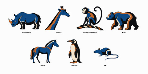 A collection of stylized animal illustrations including a rhino giraffe monkey and others high quality professional © SarwarGfx
