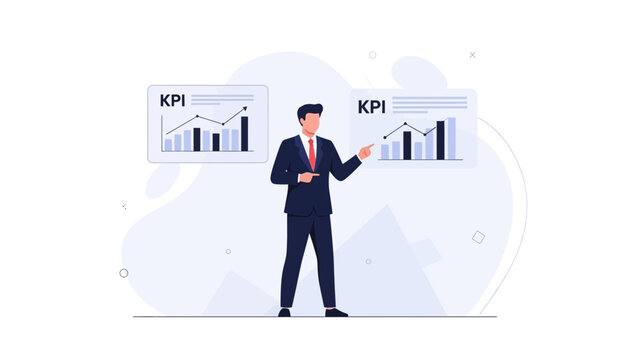 Businessman presenting KPI performance charts and graphs on screens