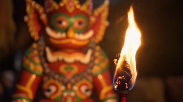 Colorful Statue Holding Torch Video.