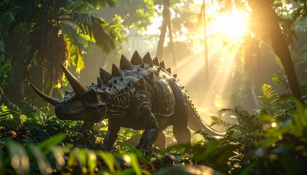 A gigantic 3D render of a prehistoric Tyrannosaurus Rex dinosaur beast standing in green grass, an extinct Jurassic reptile illustration isolated for nature and paleontology themes