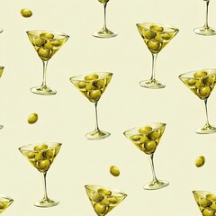 Watercolor-style pattern depicts martini glasses filled with olives on a light-yellow backdrop