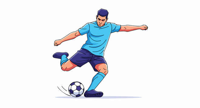 Illustration of a soccer player kicking a ball with his right foot in mid-action on a plain white background.