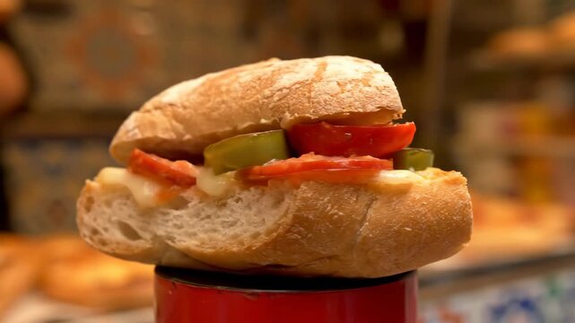 Close-up of Delicious Spanish Montadito Tapas Sandwich with Melted Cheese, Red Peppers, and Green Pickles Served at a Bar Counter