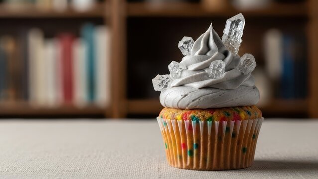 Funfetti cupcake with silver gray frosting topped with clear rock candy crystals, set on a light surface with a blurred bookshelf background