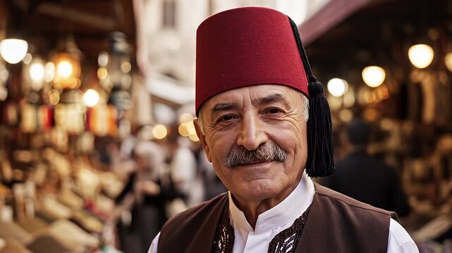 Man in traditional red fez hat smiling.