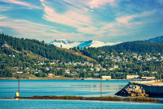 Panoramic view of fjord and Mo i Rana city. Norway