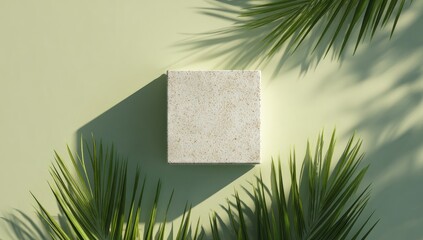 Square textured block with palm leaves casting shadows on a pale green surface