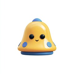 A smiling, cartoonish yellow bell with blue accents and big black eyes, isolated