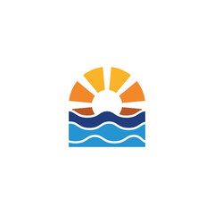 Modern Minimalist Logo of Sun Rising Over Blue Ocean Waves for Summer Travel and Tropical Beach Identity