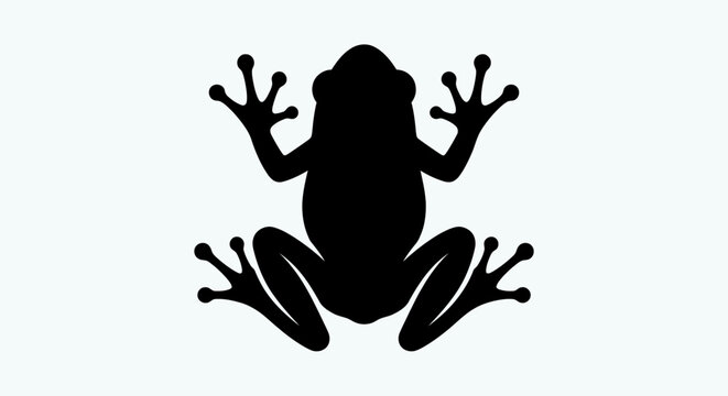Black silhouette graphic of a small tree frog with large eyes is centered against a plain white background for design.