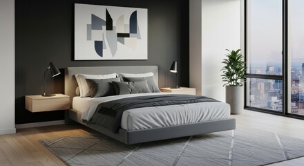 Fototapeta premium Modern Bedroom Interior Design with City View and Minimalist Art.