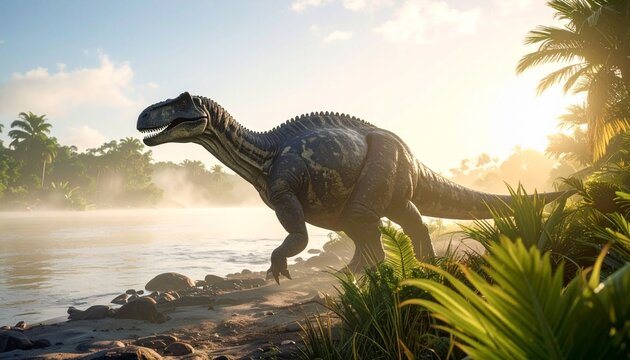 A prehistoric 3d render of a big Tyrannosaurus Rex monster beast standing like a majestic horse on a desert hill at sunset in a nature illustration