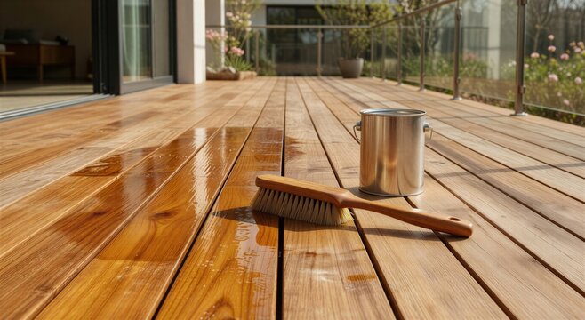 Close up of professional wood staining process on outdoor timber terrace with oil brush and metal paint can.