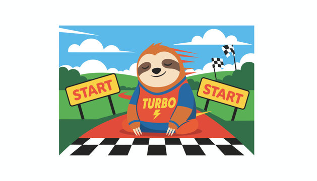 Sloth wearing Turbo shirt at starting line of race.