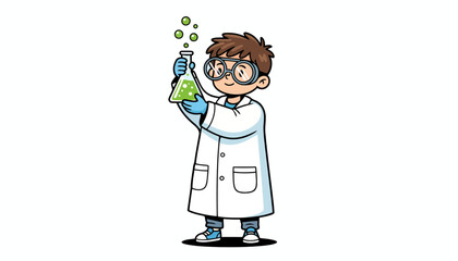 Obraz premium Young scientist boy cartoon character holding a bubbling flask with green liquid.
