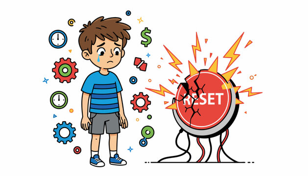 Sad boy looking at broken reset button, concept of problem, failure, and frustration.