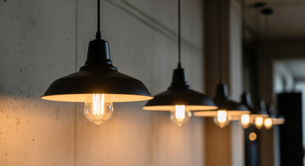 Obraz premium Industrial-style pendant lights hanging from ceiling in modern interior space with concrete wall and warm illumination creating a cozy ambiance