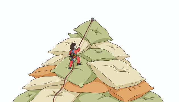 Small person climbing a mountain of soft pillows with rope and gear.