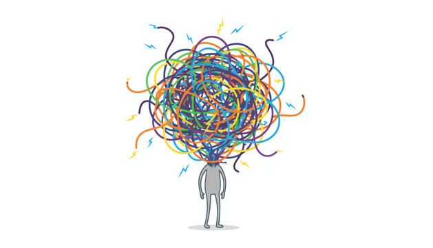 Abstract illustration of a person with a tangled, colorful mess representing complex thoughts and mental confusion.
