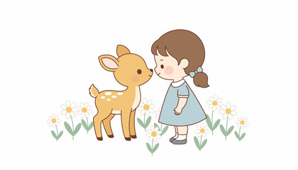 Naklejka premium Cute Cartoon Girl and Fawn Illustration in a Field of Flowers.