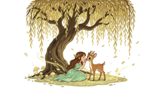 Young Girl and Fawn Under Weeping Willow Tree Illustration.