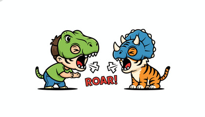 Obraz premium Two adorable cartoon characters in dinosaur and tiger costumes roaring playfully.