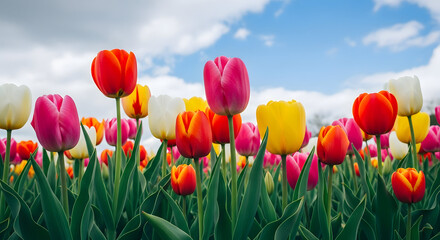 Fototapeta premium Vibrant tulip garden under blue sky with white clouds